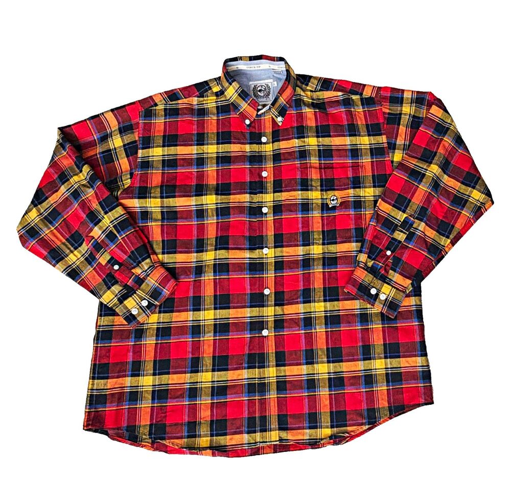 Cinch Mens L Plaid Long Sleeve Button-Down Button Up Shirt Cotton Red Yellow